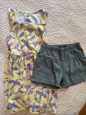 Tea Collection Yellow Bird Print Dress with Green Shorts